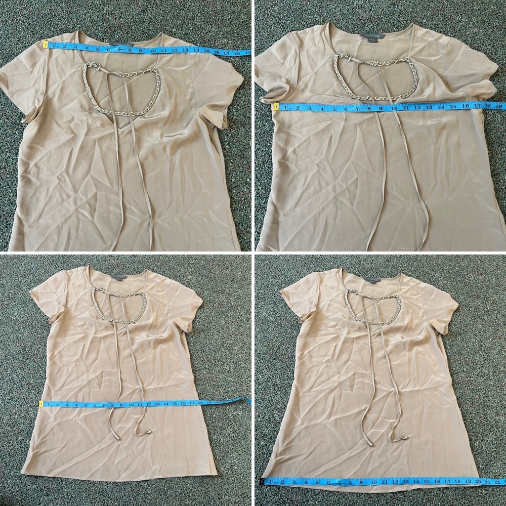 Vintage 100% Silk Y2K Taupe Lace Chain Tie-Up Peep Hole Silk Short Sleeve Blouse - Picture 15 of 16